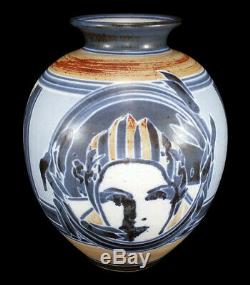 Modernist Vintage Studio Art Pottery Ball Vase Nicely Decorated Women's Faces