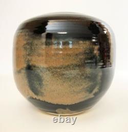 Nancy Valk Studio Pottery Vase Round Brown Vintage Signed Glazed Stoneware