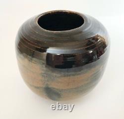 Nancy Valk Studio Pottery Vase Round Brown Vintage Signed Glazed Stoneware