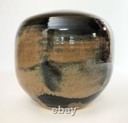 Nancy Valk Studio Pottery Vase Round Brown Vintage Signed Glazed Stoneware