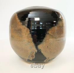 Nancy Valk Studio Pottery Vase Round Brown Vintage Signed Glazed Stoneware