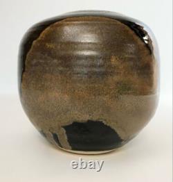 Nancy Valk Studio Pottery Vase Round Brown Vintage Signed Glazed Stoneware
