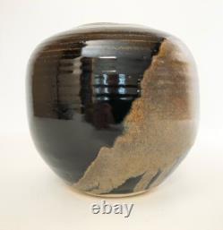 Nancy Valk Studio Pottery Vase Round Brown Vintage Signed Glazed Stoneware