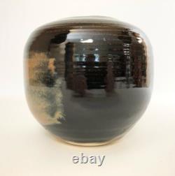 Nancy Valk Studio Pottery Vase Round Brown Vintage Signed Glazed Stoneware