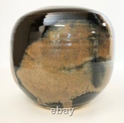 Nancy Valk Studio Pottery Vase Round Brown Vintage Signed Glazed Stoneware