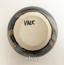 Nancy Valk Studio Pottery Vase Round Brown Vintage Signed Glazed Stoneware