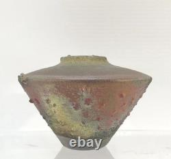 Norman Bacon Studio Pottery Raku Vase Vintage Squat Flying Saucer Pot 3