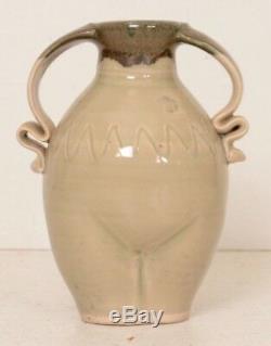 Nude Lady Bottom Studio Pottery Jar Double Handle Naked Woman Art VTG Signed H