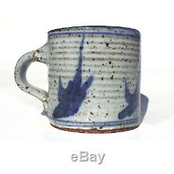 OTTO HEINO Studio Pottery MUG Cup BLUE BIRDS California Stoneware SIGNED Vtg