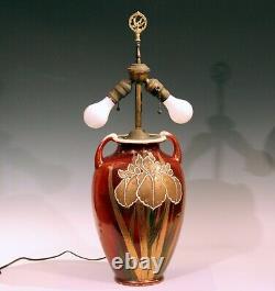 Old Antique Japanese Satsuma Studio Pottery Moriagi Irises Large Lamp