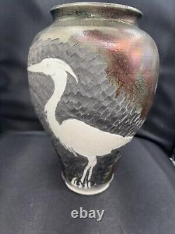 Original Vintage Signed Schnackloth Raku Studio Pottery Art Vase With Heron