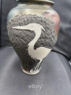 Original Vintage Signed Schnackloth Raku Studio Pottery Art Vase With Heron