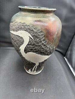 Original Vintage Signed Schnackloth Raku Studio Pottery Art Vase With Heron