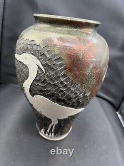Original Vintage Signed Schnackloth Raku Studio Pottery Art Vase With Heron