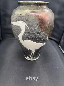 Original Vintage Signed Schnackloth Raku Studio Pottery Art Vase With Heron