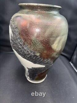 Original Vintage Signed Schnackloth Raku Studio Pottery Art Vase With Heron