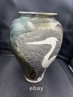 Original Vintage Signed Schnackloth Raku Studio Pottery Art Vase With Heron
