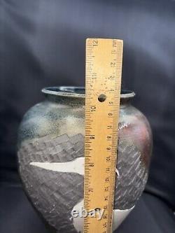Original Vintage Signed Schnackloth Raku Studio Pottery Art Vase With Heron