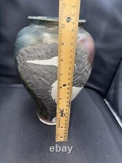 Original Vintage Signed Schnackloth Raku Studio Pottery Art Vase With Heron