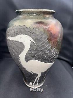 Original Vintage Signed Schnackloth Raku Studio Pottery Art Vase With Heron