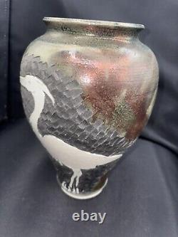 Original Vintage Signed Schnackloth Raku Studio Pottery Art Vase With Heron