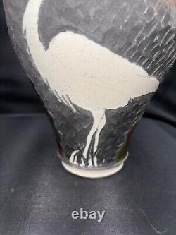 Original Vintage Signed Schnackloth Raku Studio Pottery Art Vase With Heron