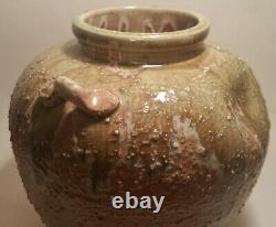 PINK JAPANESE studio art pottery vtg pinched dimple celadon drip glaze stoneware