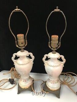 Pair Of L & L Vintage MID Century Studio Hand Painted Milk Glass Art Table Lamps
