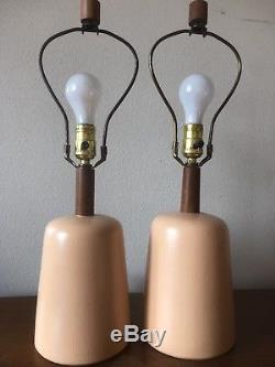 Pair Vintage Jane & Gordon Martz Marshall Studios Peach Ceramic Table Lamps MCM