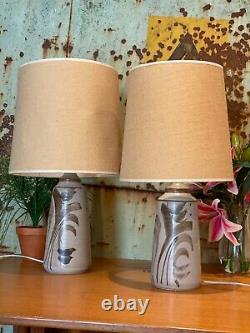 Pair Vintage Studio Pottery Table Lamps With Shades By Barbara Davidson