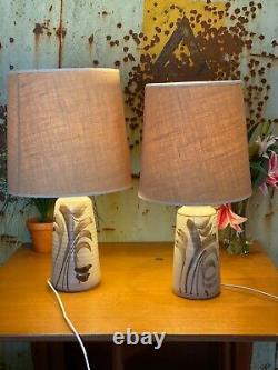 Pair Vintage Studio Pottery Table Lamps With Shades By Barbara Davidson