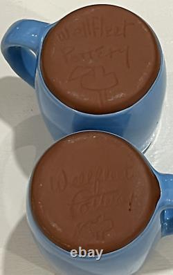 Pair Vintage Wellfleet Studio Art Pottery Blue Glazed Mugs Signed