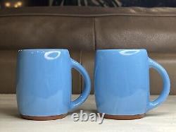 Pair Vintage Wellfleet Studio Art Pottery Blue Glazed Mugs Signed