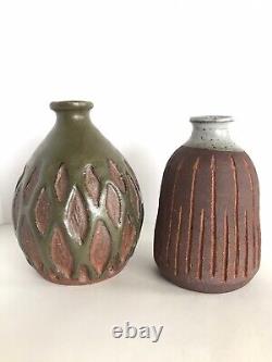 Pair of Coordinating Mid Century Studio Pottery Vases Artist Signed