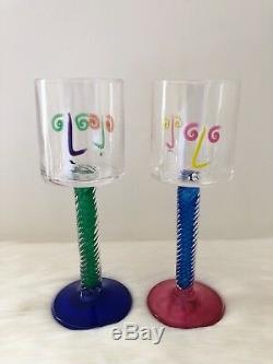 Pair of RARE Vintage Studio Art Glass Wine Goblet FINELINE Kerry Feldman Studio