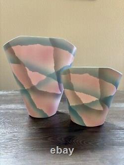 Pair of Vintage 1989 John Bergen Studio Art Pottery Vases Pink Teal Asymmetrical