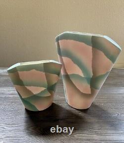 Pair of Vintage 1989 John Bergen Studio Art Pottery Vases Pink Teal Asymmetrical