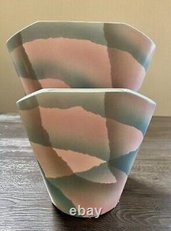 Pair of Vintage 1989 John Bergen Studio Art Pottery Vases Pink Teal Asymmetrical