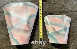 Pair of Vintage 1989 John Bergen Studio Art Pottery Vases Pink Teal Asymmetrical