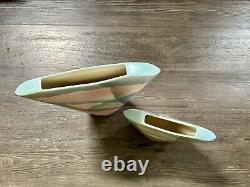 Pair of Vintage 1989 John Bergen Studio Art Pottery Vases Pink Teal Asymmetrical