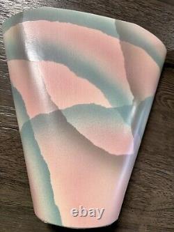 Pair of Vintage 1989 John Bergen Studio Art Pottery Vases Pink Teal Asymmetrical