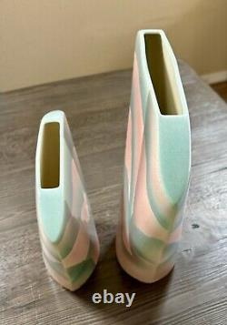 Pair of Vintage 1989 John Bergen Studio Art Pottery Vases Pink Teal Asymmetrical