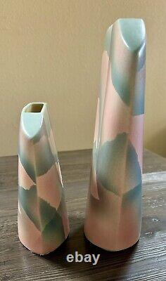Pair of Vintage 1989 John Bergen Studio Art Pottery Vases Pink Teal Asymmetrical