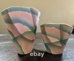 Pair of Vintage 1989 John Bergen Studio Art Pottery Vases Pink Teal Asymmetrical