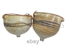 Pair of Vintage Studio Pottery Hanging Planters Earthenware Bowls