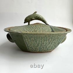 Pillers Clay Studio Art Pottery Dolphin Covered Bowl Dish Virginia USA Vtg Green