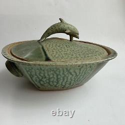 Pillers Clay Studio Art Pottery Dolphin Covered Bowl Dish Virginia USA Vtg Green