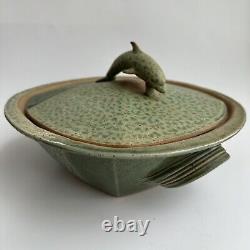 Pillers Clay Studio Art Pottery Dolphin Covered Bowl Dish Virginia USA Vtg Green