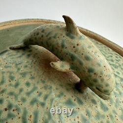 Pillers Clay Studio Art Pottery Dolphin Covered Bowl Dish Virginia USA Vtg Green