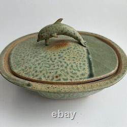 Pillers Clay Studio Art Pottery Dolphin Covered Bowl Dish Virginia USA Vtg Green